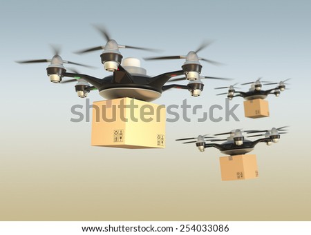 Air drones carrying cardboard in sunset sky