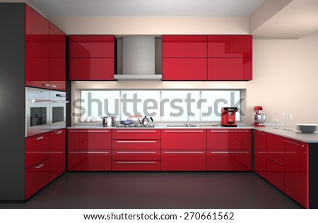 Modern kitchen interior in red color theme. 3D rendering image.