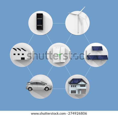 Concept design for stationary battery system. Storage electric power generated from solar and wind power. Clipping path available.