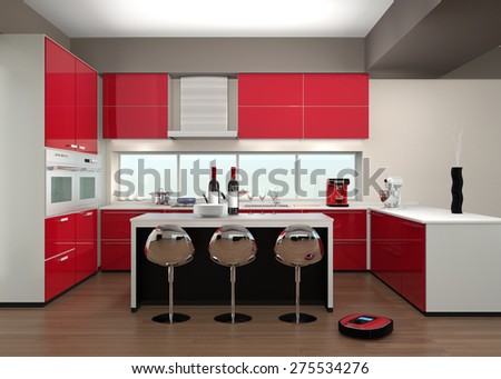 Robotic vacuum cleaner in a modern kitchen interior. 3D rendering image.