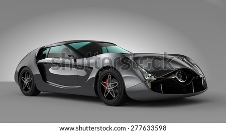 Metallic gray sports car isolated on gray background. Original design. 3D rendering image with clipping path.