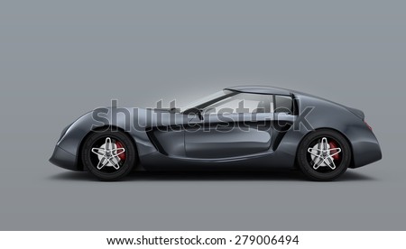 Side view of metallic gray sports car isolated on gray background. Original design. 3D rendering image.