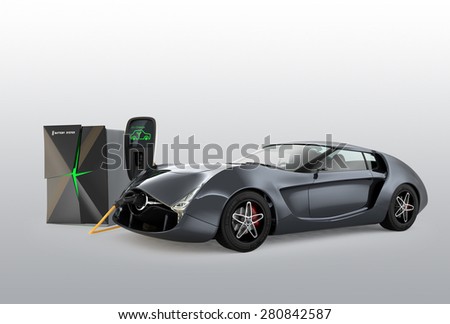 Electric car charging in EV charging station. The charging station power supply by battery storage system.