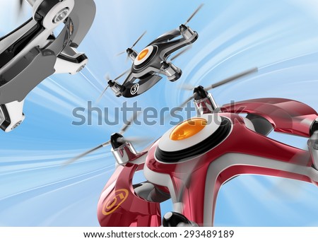 Red racing drones chasing  in the sky. 3D rendering image in original design.