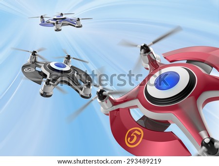 Red racing drones chasing  in the sky. 3D rendering image in original design.
