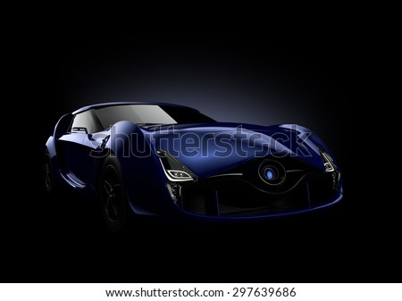 Blue sports car isolated on black background. Original design. 3D rendering image with clipping path.