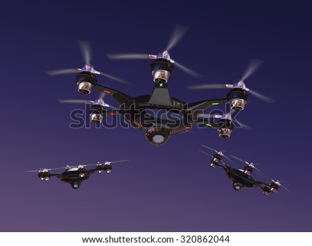 Drone with surveillance camera flying in night sky. Security system concept.