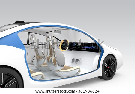 Autonomous car\'s interior concept. The car offer folding steering wheel, rotatable passenger seat. Original design.