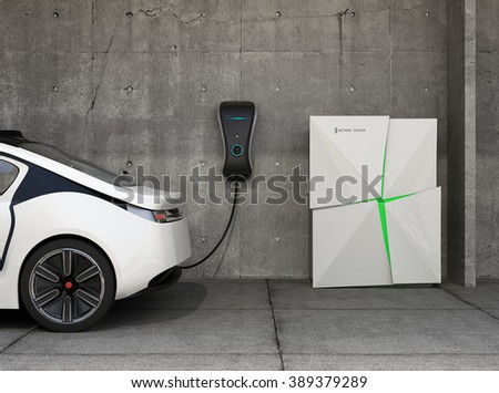 Electric vehicle charging station for home. The charge point powered by battery storage system. Original design.