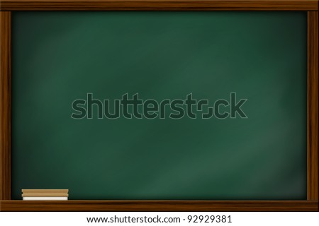 Chalkboard blackboard with frame and brush. Chalkboard texture empty blank with chalk traces and square wooden frame.