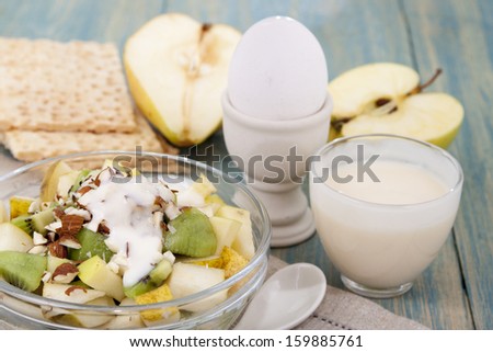 Fitness breakfast with muesli, eggs , yogurt and fruits.