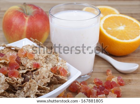 Fitness breakfast with muesli,   yogurt and fruits.