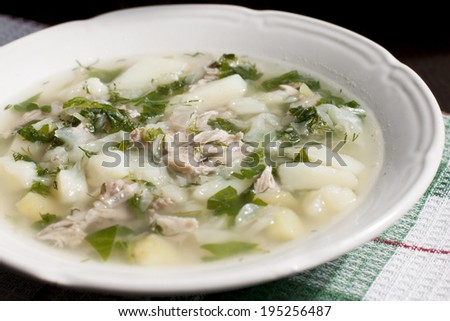 Cabbage soup with nettle and meat.
