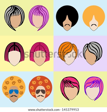 Stylish Men'S And Women'S Colored Wigs. Set. Stock Vector Illustration