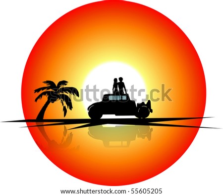 A couple sitting on top of their car at the beach watching the sun set