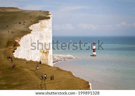 Seven Sisters National Park, view of the cliffs, lighthouse and the beach, East Sussex, England