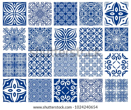 Vector tiles patterns. Seamless flourish backgrounds with blue flourish elements. Arabic decorative design for floor or wall. Square symmetrical ornament. Azulejos oriental illustration.