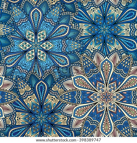 Vector boho chic flower seamless pattern. Elegant floral background for wallpaper, gift paper, fabric print, furniture, curtains. Mandala design element. Unusual flourish ornament. Blue, brown, beige