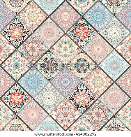 Seamless tile pattern. Colorful boho pattern. Mandala ornament pattern. Square flower pattern. Unusual pattern vector. Oriental tile pattern. Pattern design elements. Portuguese round tile pattern.