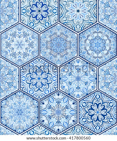 Luxury oriental tile seamless pattern. White blue floral patchwork background. Mandala boho chic style. Rich flower ornament. Hexagon design elements. Portuguese moroccan motif. Unusual flourish print