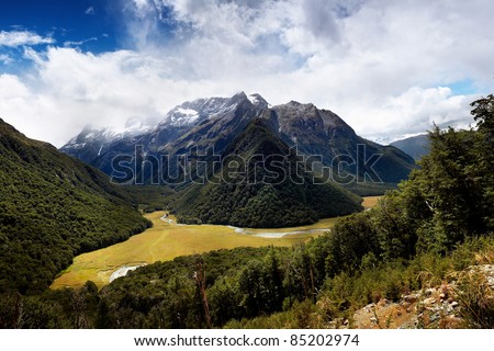 View of the Routeburn Flats, South Island, New Zealand.  This is a high resolution multi-image seamless stitch of multiple 12MP images.  -44.730493, 168.209507