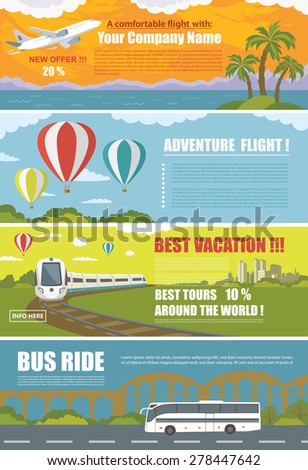 Set of Colorful Travel Banners with Flat Design. Flying airplane, Train, Bus, Hot Air Balloon.\
Transportation.