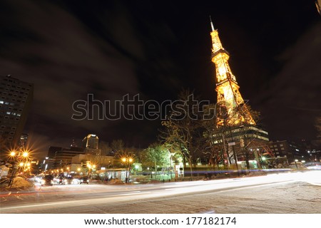 Sapporo, Japan - FEBRUARY 11 : Night view of Sapporo TV Tower on February 11, 2014 in Sapporo,Japan,Japan.This tower is located on Odori Park in the heart of Sapporo.