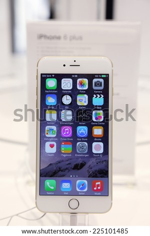 Lucerne Switzerland - OCTOBER 21: iPhone 6 Plus on the stand at the Apple Store in Lucerne Switzerland on October 21, 2014. Apple releases the new iPhone 6 and iPhone 6 Plus on September , 2014.