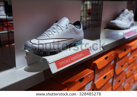 BELGIUM - OCTOBER 17: Background of Nike shoes boxes at Maasmechelen Village outlet  on October 17, 2015.
