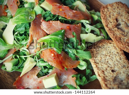 Salad with Smoked Salmon, Avocado, Argula and Corn Salad