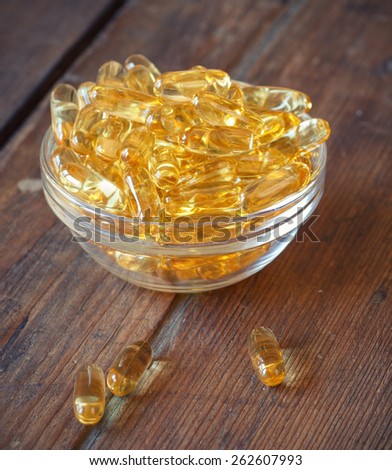 Cod liver oil omega 3 gel capsules. Selective focus, shallow DOF