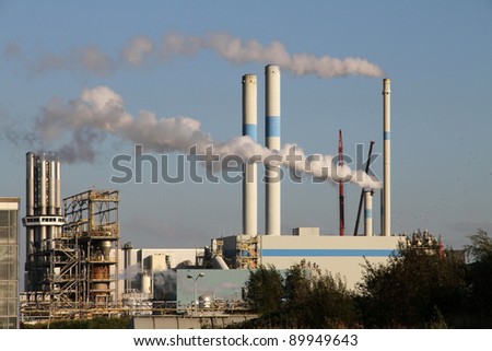A chemical factory with exhaust pipes in Rotterdam, Holland
