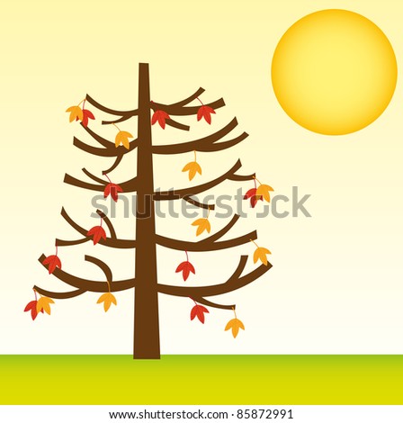tree with fall leaves over landscape with sun. vector