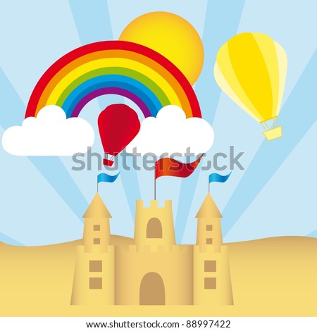 San castle, rainbow, clouds, hot air balloon vector. illustration