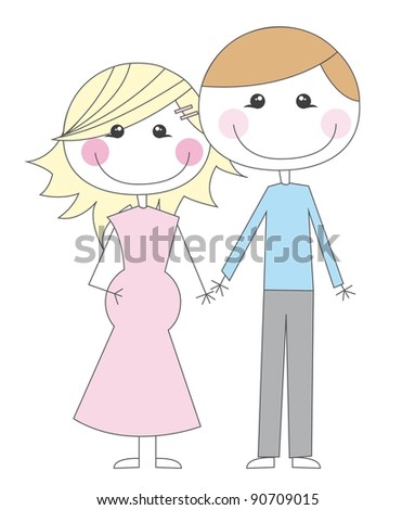 Cute Husbands Cartoons With Pregnant Woman. Vector Illustration