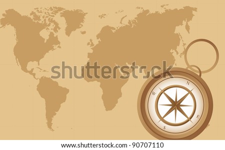 old compass on old map background. vector illustration