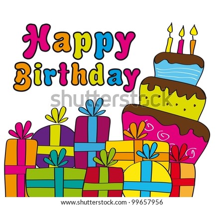 Happy Birthday Cake Pictures on Happy Birthday Card With Gifts And Cake  Vector Illustration   Stock