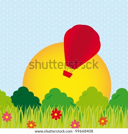 cute landscape with air balloon and leaves. vector illustration