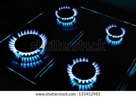 Beautiful kitchen blue gas flames burning, with dark background. Great for cooking and energy themes.