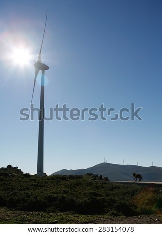 Wind Turbines on a modern windmill farm for alternative energy production.
Electricity is powered ecological and considered better for the environment over oil and other fossil fuels.
