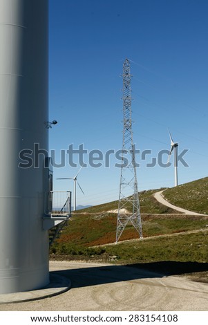 Wind Turbines on a modern windmill farm for alternative energy production.
Electricity is powered ecological and considered better for the environment over oil and other fossil fuels.