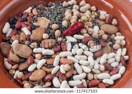 Raw mixed legumes in a ceramic plate on the table