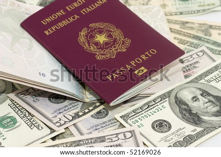Background photo of  italian passports on dollars banknotes