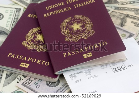 Background photo of  italian passports on dollars banknotes