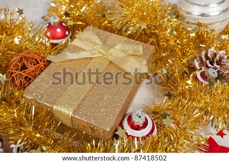 Elegant golden christmas gift pack and decorations