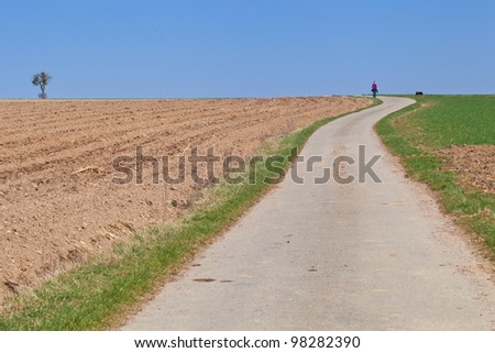 Woman and dog walking on a countryside street