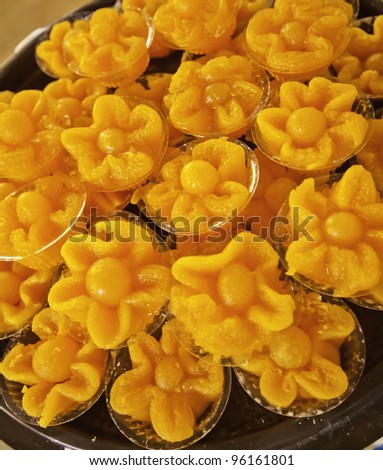 The assorted traditional Thai sweet is well handicraft on the beautiful dishes and ready served for the delicious lunches and dinners as the side dishes.