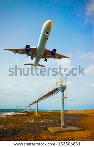 Civil aircraft taking off at an airfield in Lanzarote