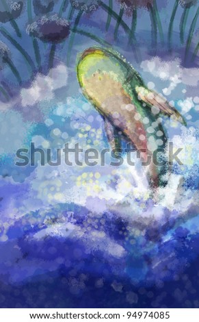 An impressionist - style painting of a fish splashing in water.