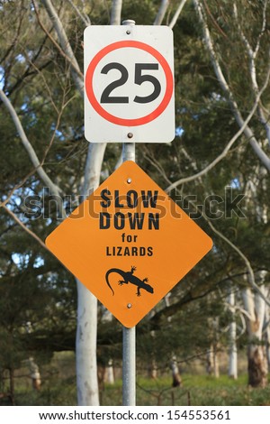 Australian road sign warning to slow down for lizards.